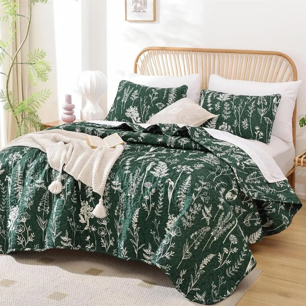 New Quilts Queen Size Emerald Green Floral Queen Quilt Bedding Set Microfiber